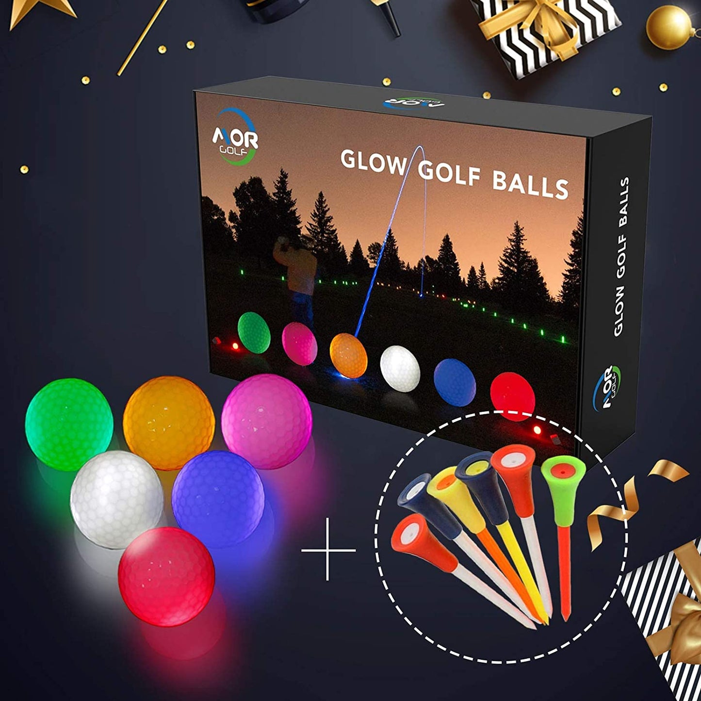 Set of 3 LED Glow Golf Balls in Multi Colors with 3Pcs Golf Tees